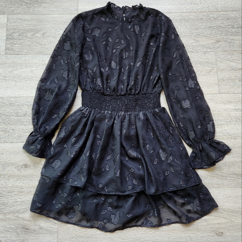 Shein Black Long Sleeve Dress Womens Size Medium Sparkly Pattern Ruffle